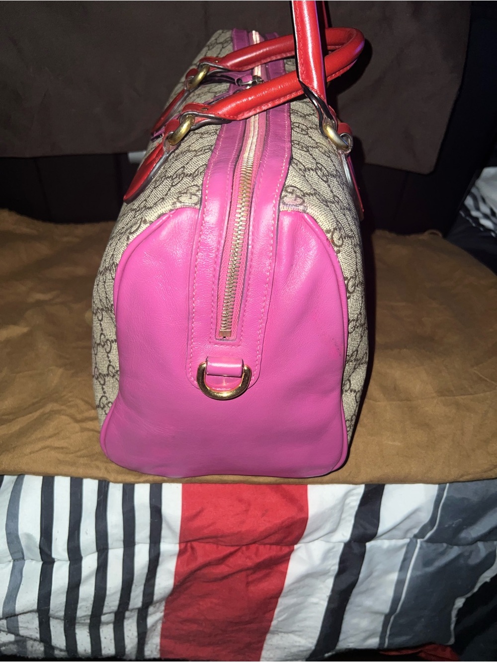 Gucci Beige GG Canvas Satchel with Pink Trim and Red 35 with strap - Picture 3 of 15